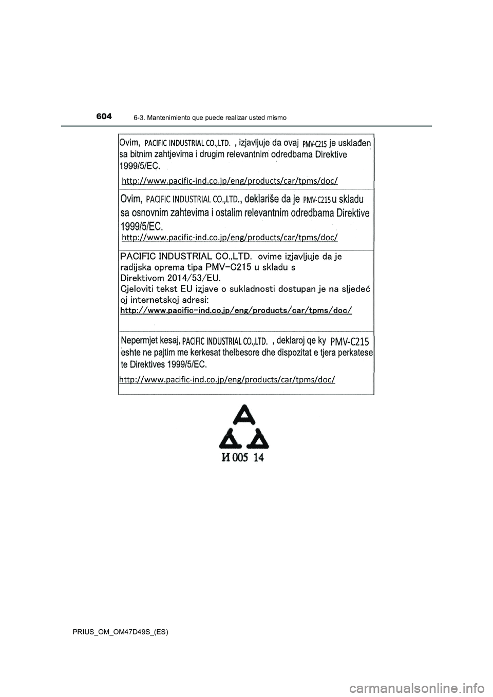 TOYOTA PRIUS 2019 Manual del propietario (in Spanish) 6046-3. Mantenimiento que puede realizar usted mismo
PRIUS_OM_OM47D49S_(ES) TOYOTA PRIUS 2019 Manual del propietario (in Spanish) 6046-3. Mantenimiento que puede realizar usted mismo
PRIUS_OM_OM47D49S_(ES)