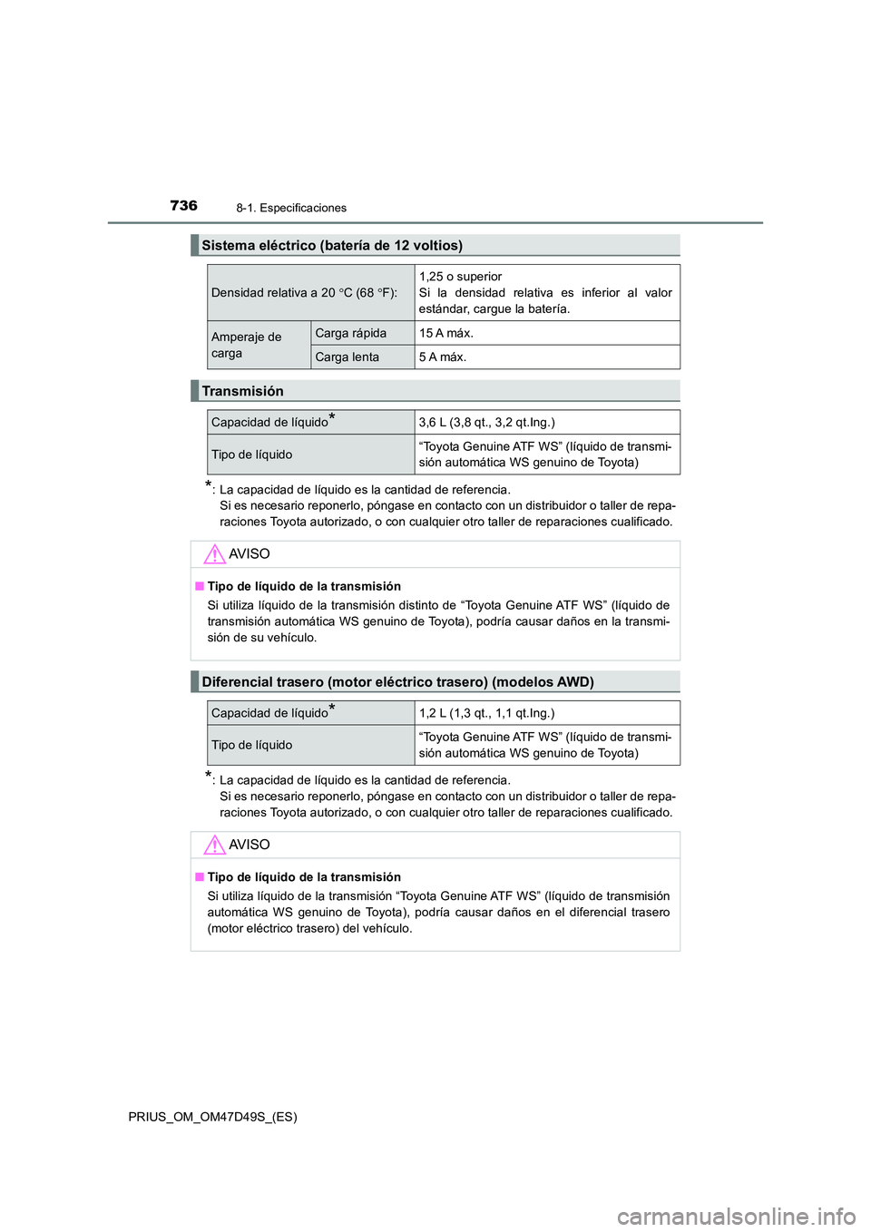 TOYOTA PRIUS 2019  Manual del propietario (in Spanish) 7368-1. Especificaciones
PRIUS_OM_OM47D49S_(ES)
*: La capacidad de líquido es la cantidad de referencia. 
Si es necesario reponerlo, póngase en contacto con un distribuidor o taller de repa- 
racion
