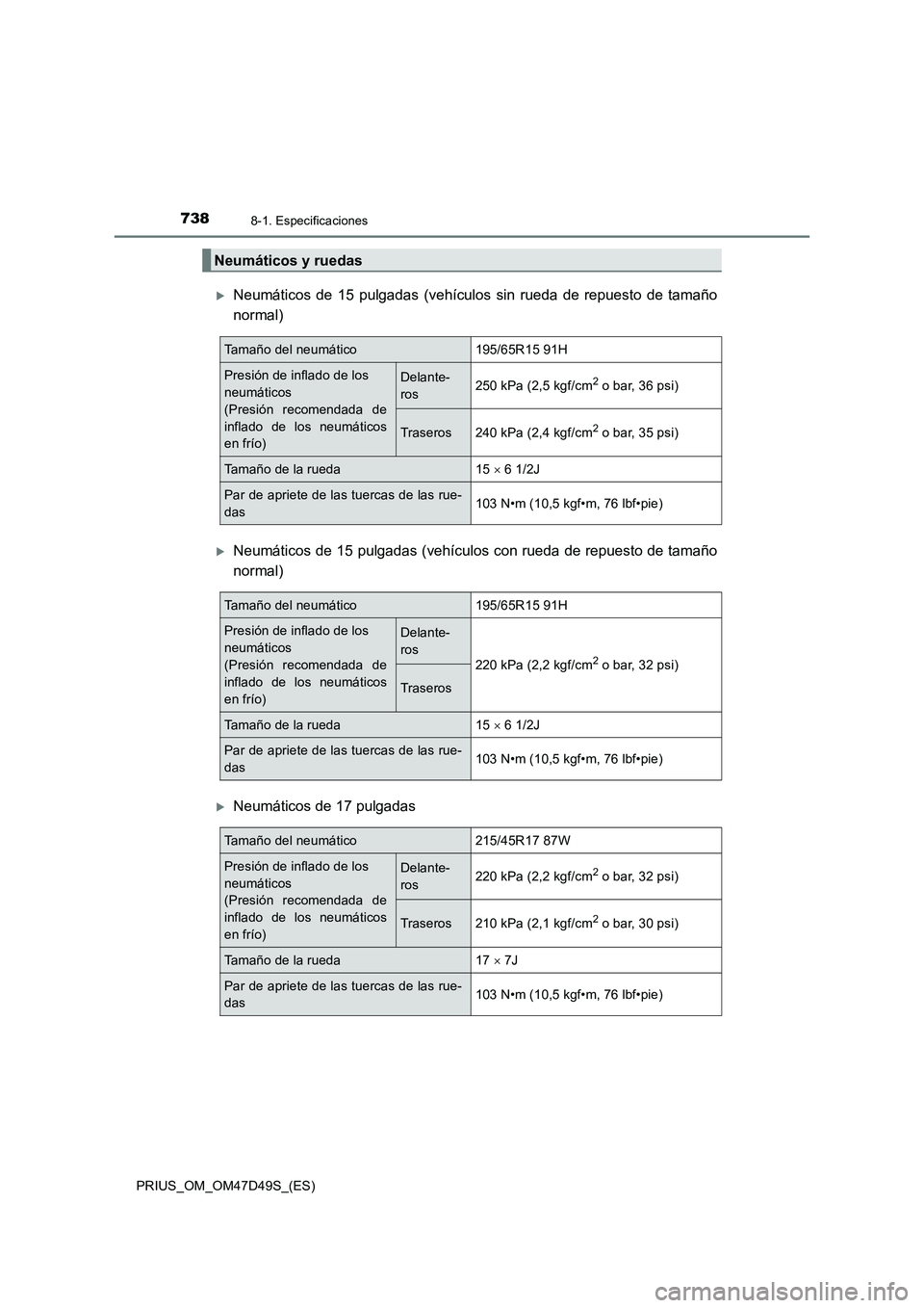 TOYOTA PRIUS 2019  Manual del propietario (in Spanish) 7388-1. Especificaciones
PRIUS_OM_OM47D49S_(ES)
Neumáticos de 15 pulgadas (vehículos sin rueda de repuesto de tamaño
normal)
Neumáticos de 15 pulgadas (vehículos con rueda de repuesto de ta