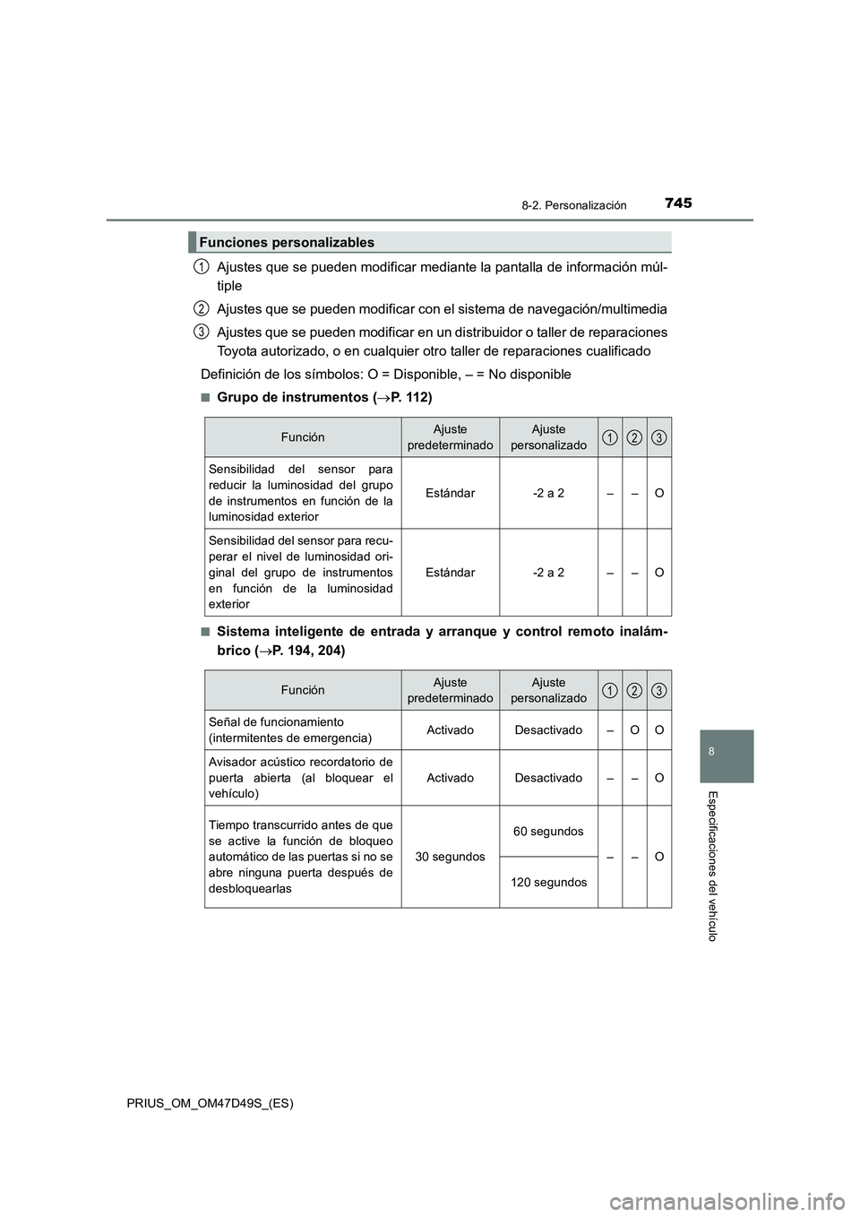 TOYOTA PRIUS 2019  Manual del propietario (in Spanish) 7458-2. Personalización
PRIUS_OM_OM47D49S_(ES)
8
Especificaciones del vehículo
Ajustes que se pueden modificar mediante la pantalla de información múl-
tiple
Ajustes que se pueden modificar con el
