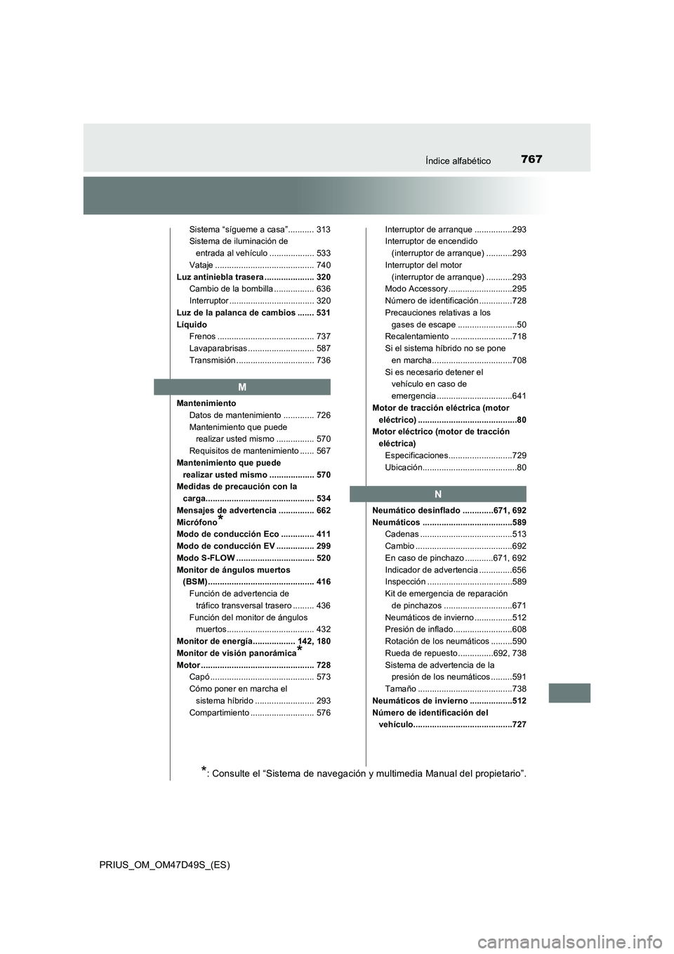 TOYOTA PRIUS 2019  Manual del propietario (in Spanish) 767Índice alfabético
PRIUS_OM_OM47D49S_(ES)
Sistema “sígueme a casa”........... 313
Sistema de iluminación de 
entrada al vehículo ................... 533
Vataje .............................