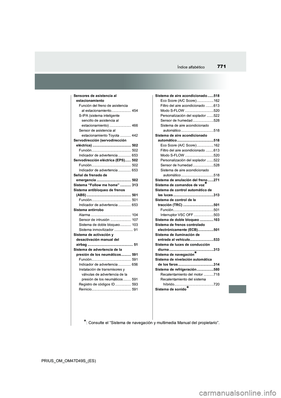 TOYOTA PRIUS 2019  Manual del propietario (in Spanish) 771Índice alfabético
PRIUS_OM_OM47D49S_(ES)
Sensores de asistencia al 
estacionamiento
Función del freno de asistencia 
al estacionamiento.................... 454
S-IPA (sistema inteligente 
sencil