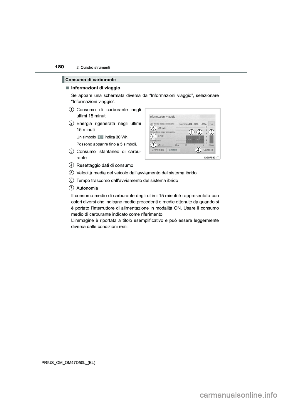 TOYOTA PRIUS 2019  Manuale duso (in Italian) 1802. Quadro strumenti
PRIUS_OM_OM47D50L_(EL)■
Informazioni di viaggio
Se appare una schermata diversa da “Informazioni viaggio”, selezionare
“Informazioni viaggio”.
Consumo di carburante ne