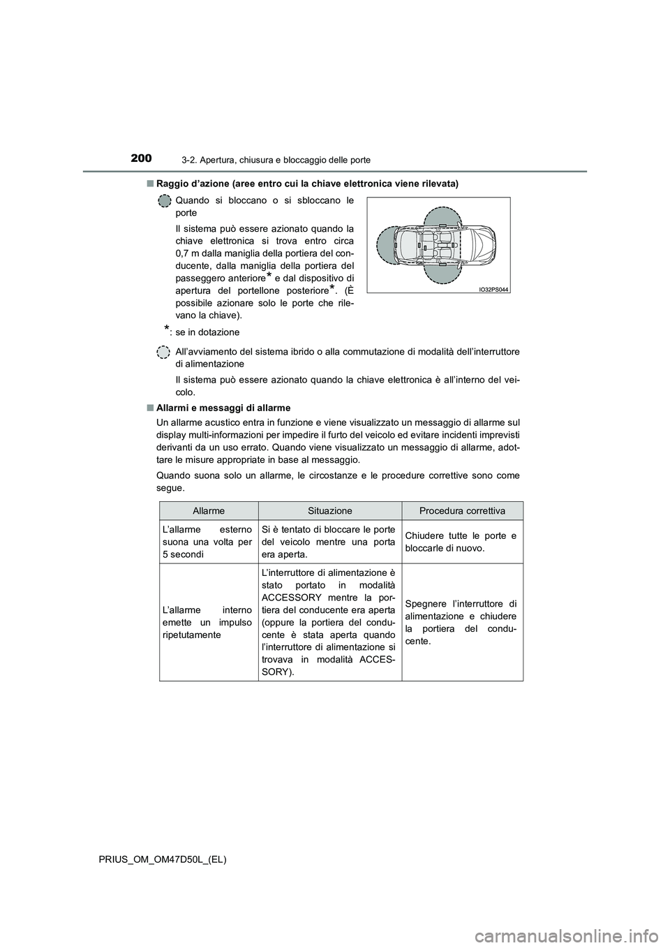 TOYOTA PRIUS 2019  Manuale duso (in Italian) 2003-2. Apertura, chiusura e bloccaggio delle porte
PRIUS_OM_OM47D50L_(EL) 
■ Raggio d’azione (aree entro cui la chiave elettronica viene rilevata) 
All’avviamento del sistema ibrido o alla comm