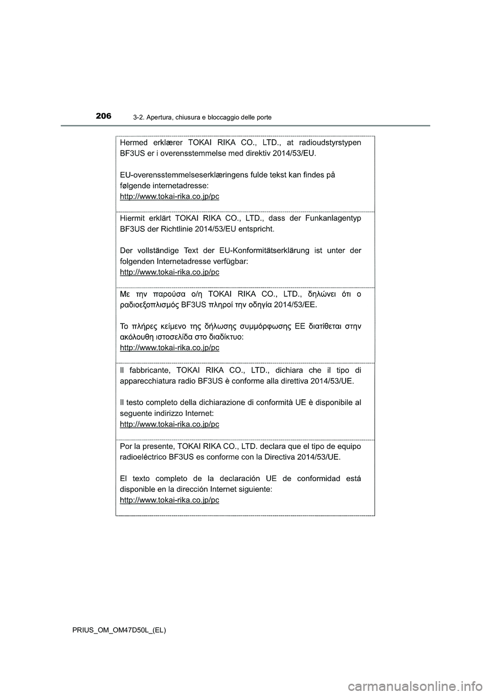 TOYOTA PRIUS 2019  Manuale duso (in Italian) 2063-2. Apertura, chiusura e bloccaggio delle porte
PRIUS_OM_OM47D50L_(EL) 