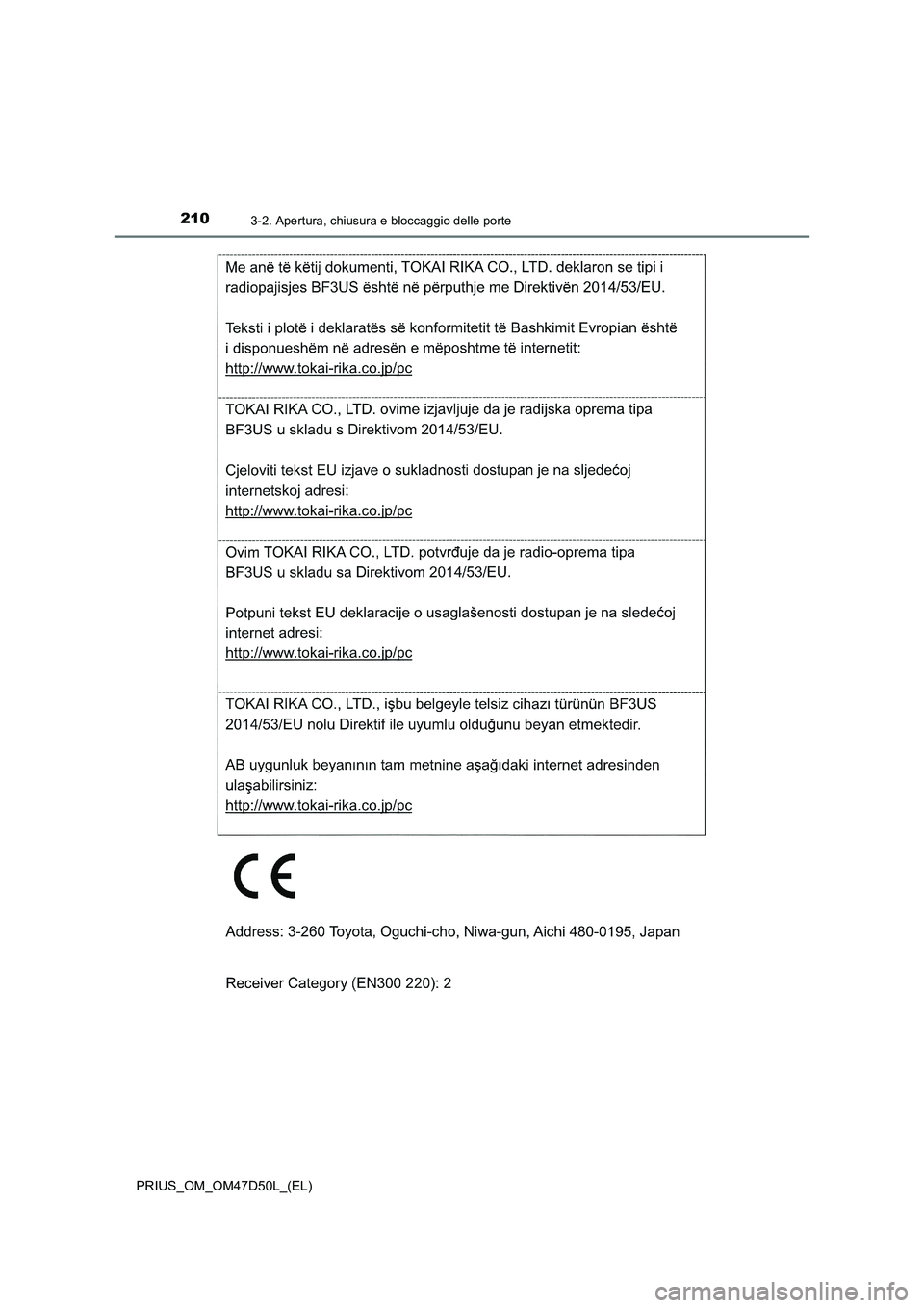 TOYOTA PRIUS 2019  Manuale duso (in Italian) 2103-2. Apertura, chiusura e bloccaggio delle porte
PRIUS_OM_OM47D50L_(EL) 