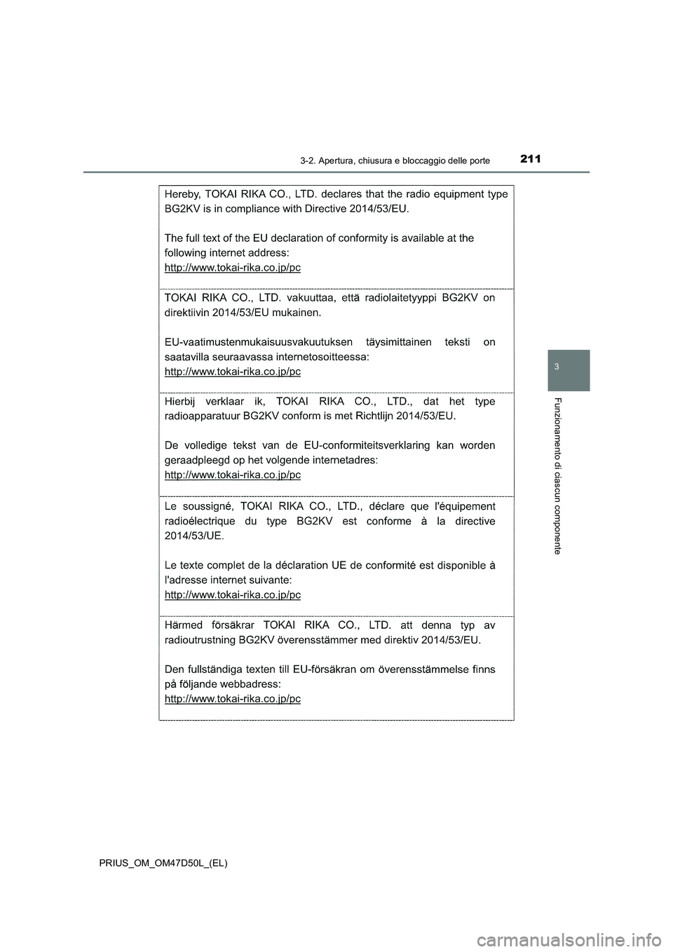 TOYOTA PRIUS 2019  Manuale duso (in Italian) 2113-2. Apertura, chiusura e bloccaggio delle porte
3
Funzionamento di ciascun componente
PRIUS_OM_OM47D50L_(EL) 