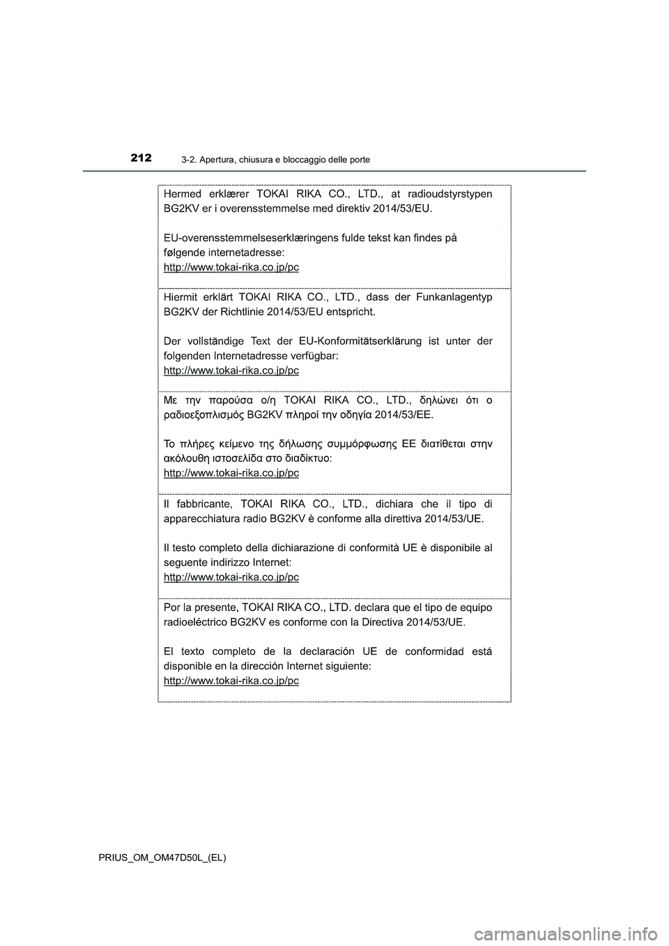 TOYOTA PRIUS 2019  Manuale duso (in Italian) 2123-2. Apertura, chiusura e bloccaggio delle porte
PRIUS_OM_OM47D50L_(EL) 