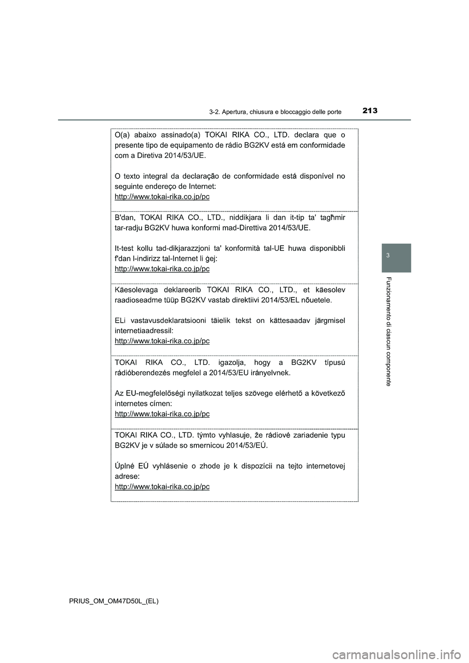 TOYOTA PRIUS 2019  Manuale duso (in Italian) 2133-2. Apertura, chiusura e bloccaggio delle porte
3
Funzionamento di ciascun componente
PRIUS_OM_OM47D50L_(EL) 