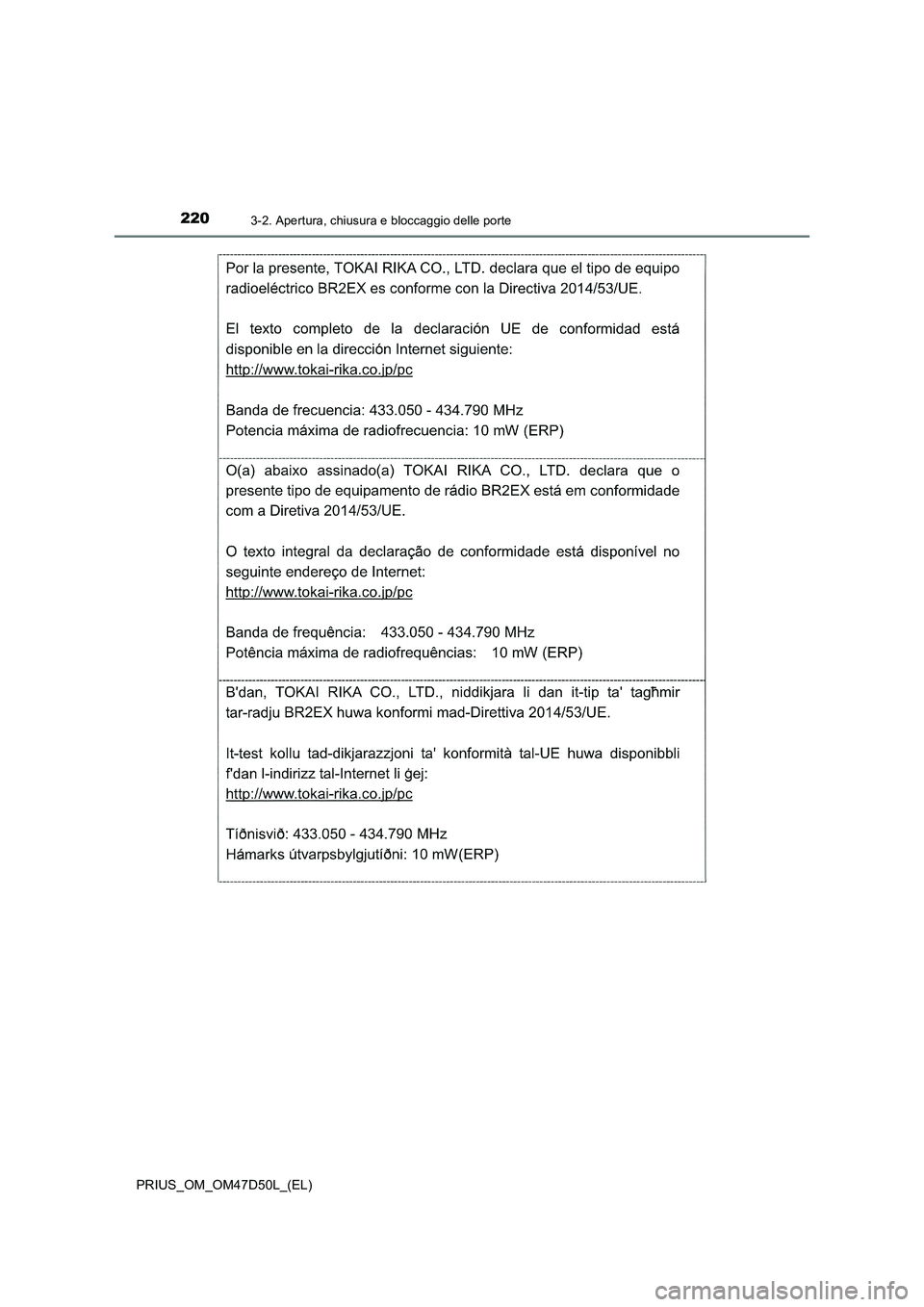 TOYOTA PRIUS 2019  Manuale duso (in Italian) 2203-2. Apertura, chiusura e bloccaggio delle porte
PRIUS_OM_OM47D50L_(EL) 