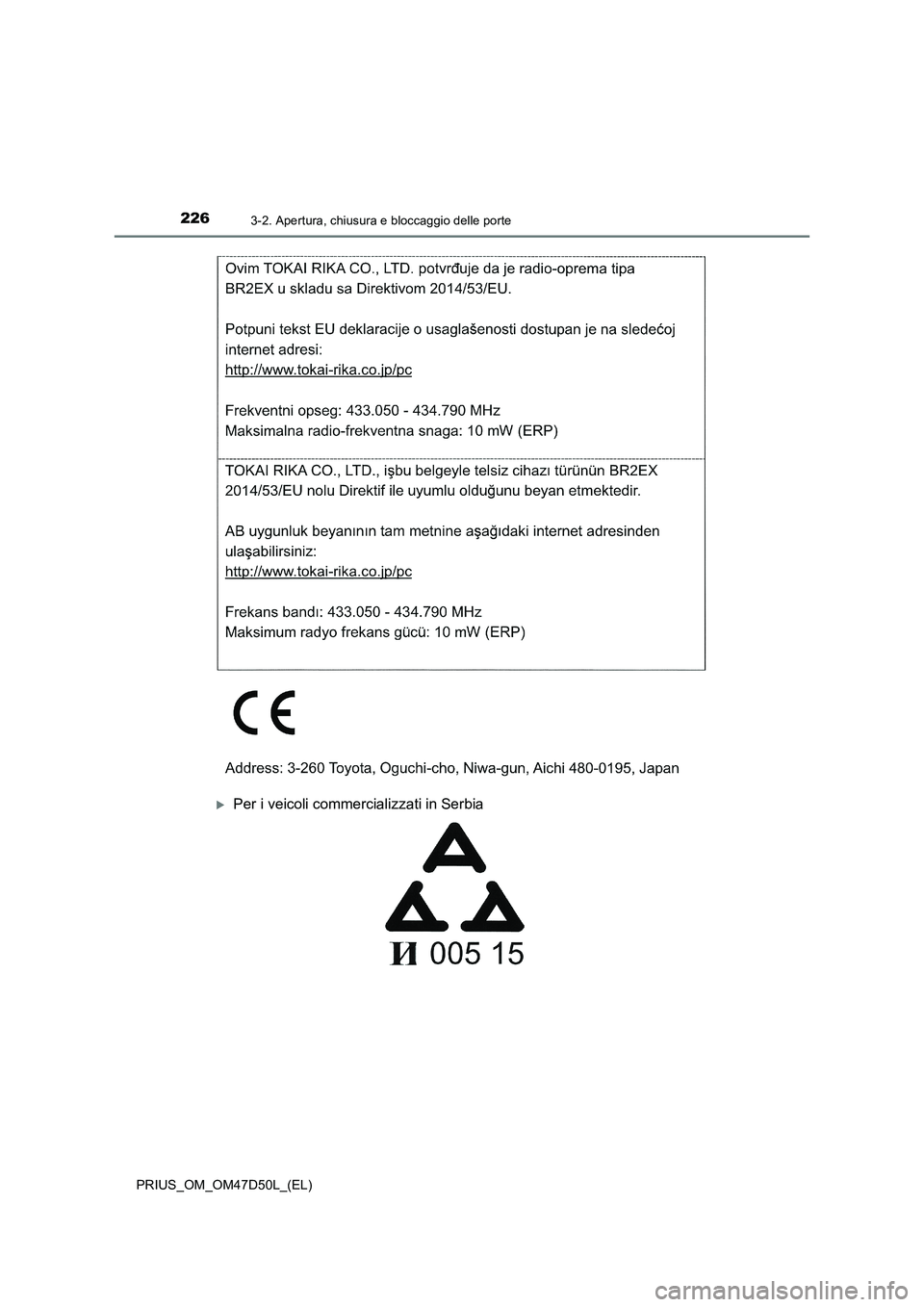 TOYOTA PRIUS 2019 Manuale duso (in Italian) 2263-2. Apertura, chiusura e bloccaggio delle porte
PRIUS_OM_OM47D50L_(EL)
Per i veicoli commercializzati in Serbia TOYOTA PRIUS 2019 Manuale duso (in Italian) 2263-2. Apertura, chiusura e bloccaggio delle porte
PRIUS_OM_OM47D50L_(EL)
Per i veicoli commercializzati in Serbia