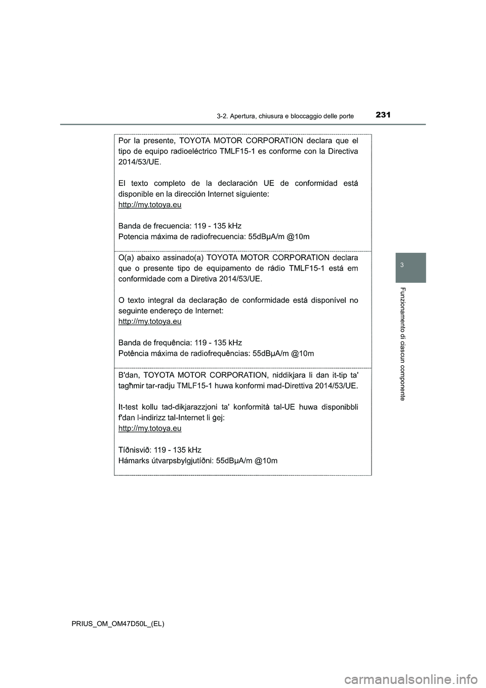 TOYOTA PRIUS 2019  Manuale duso (in Italian) 2313-2. Apertura, chiusura e bloccaggio delle porte
3
Funzionamento di ciascun componente
PRIUS_OM_OM47D50L_(EL) 