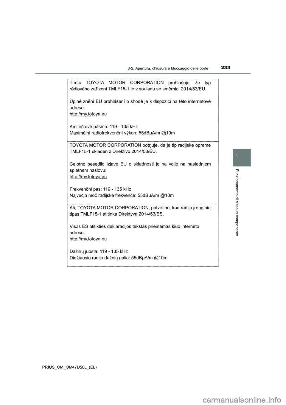 TOYOTA PRIUS 2019  Manuale duso (in Italian) 2333-2. Apertura, chiusura e bloccaggio delle porte
3
Funzionamento di ciascun componente
PRIUS_OM_OM47D50L_(EL) 