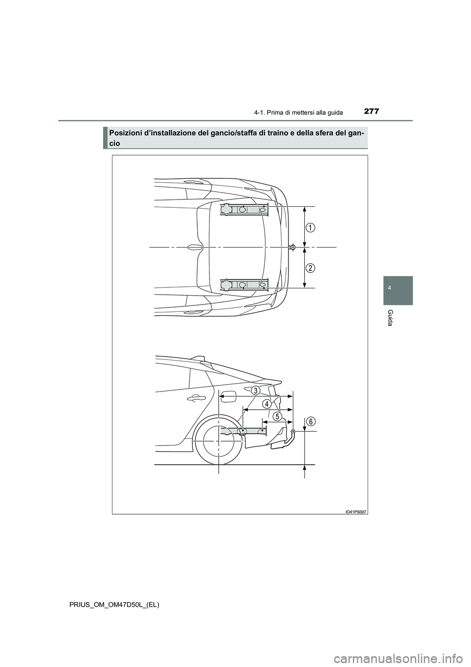 TOYOTA PRIUS 2019 Manuale duso (in Italian) 2774-1. Prima di mettersi alla guida
4
Guida
PRIUS_OM_OM47D50L_(EL)
Posizioni d’installazione del gancio/staffa di traino e della sfera del gan-
cio TOYOTA PRIUS 2019 Manuale duso (in Italian) 2774-1. Prima di mettersi alla guida
4
Guida
PRIUS_OM_OM47D50L_(EL)
Posizioni d’installazione del gancio/staffa di traino e della sfera del gan-
cio