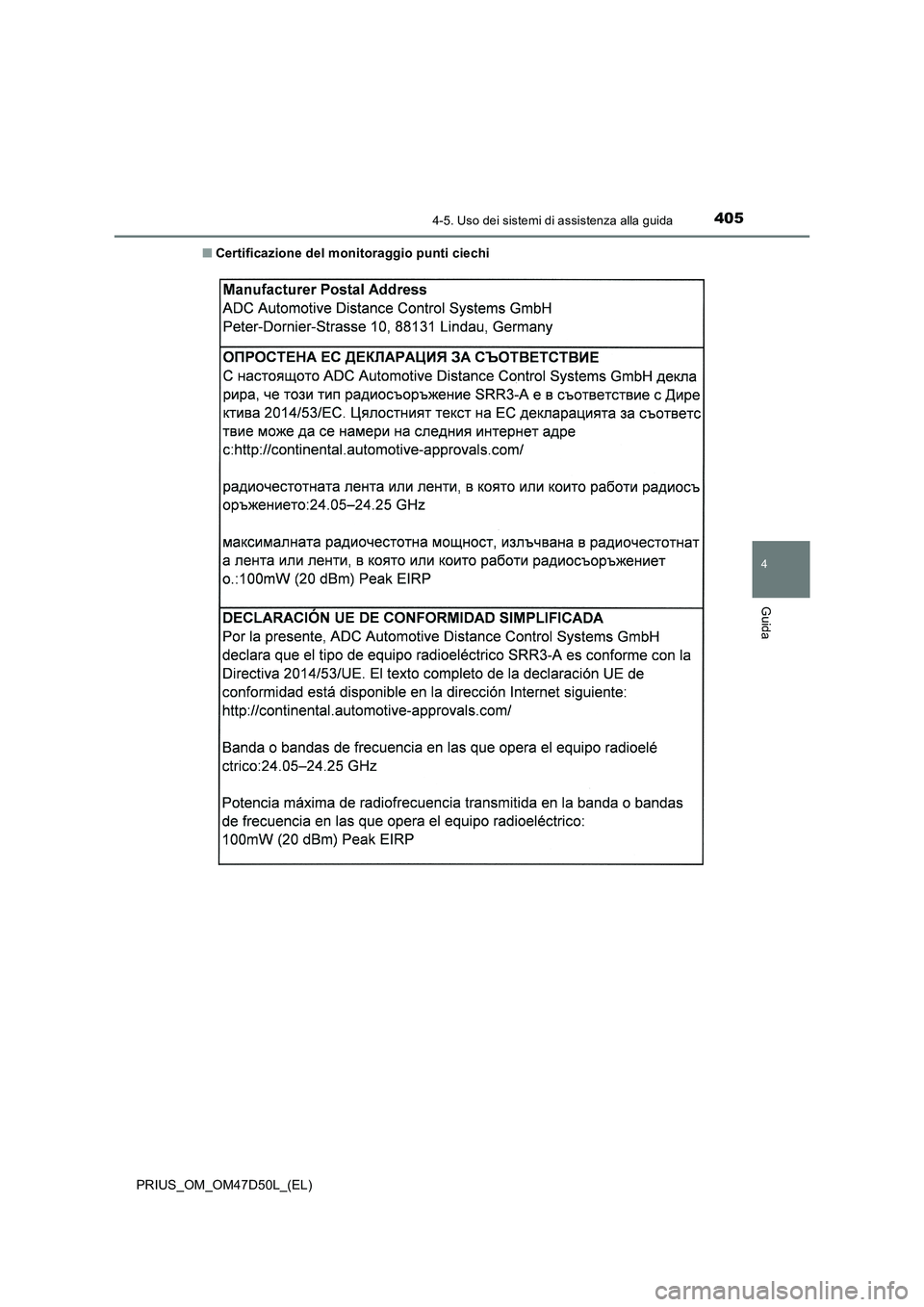 TOYOTA PRIUS 2019  Manuale duso (in Italian) 4054-5. Uso dei sistemi di assistenza alla guida
4
Guida
PRIUS_OM_OM47D50L_(EL)■Certificazione del monitoraggio punti ciechi 