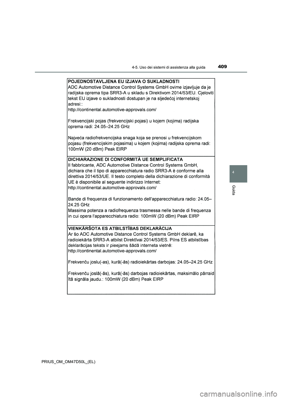 TOYOTA PRIUS 2019  Manuale duso (in Italian) 4094-5. Uso dei sistemi di assistenza alla guida
4
Guida
PRIUS_OM_OM47D50L_(EL) 