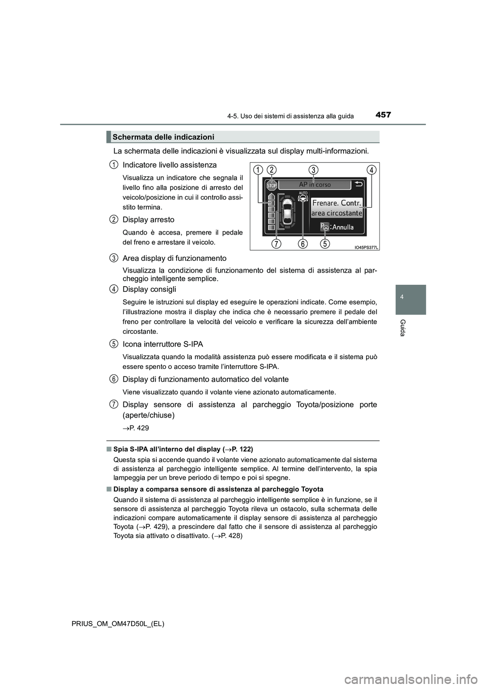 TOYOTA PRIUS 2019 Manuale duso (in Italian) 4574-5. Uso dei sistemi di assistenza alla guida
4
Guida
PRIUS_OM_OM47D50L_(EL)
La schermata delle indicazioni è visualizzata sul display multi-informazioni.
Indicatore livello assistenza
Visualizza TOYOTA PRIUS 2019 Manuale duso (in Italian) 4574-5. Uso dei sistemi di assistenza alla guida
4
Guida
PRIUS_OM_OM47D50L_(EL)
La schermata delle indicazioni è visualizzata sul display multi-informazioni.
Indicatore livello assistenza
Visualizza