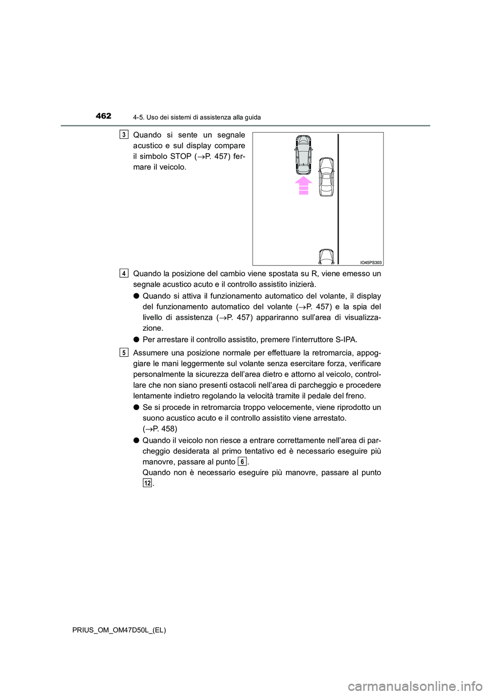 TOYOTA PRIUS 2019 Manuale duso (in Italian) 4624-5. Uso dei sistemi di assistenza alla guida
PRIUS_OM_OM47D50L_(EL)
Quando si sente un segnale
acustico e sul display compare
il simbolo STOP ( P. 457) fer-
mare il veicolo.
Quando la posiz TOYOTA PRIUS 2019 Manuale duso (in Italian) 4624-5. Uso dei sistemi di assistenza alla guida
PRIUS_OM_OM47D50L_(EL)
Quando si sente un segnale
acustico e sul display compare
il simbolo STOP ( P. 457) fer-
mare il veicolo.
Quando la posiz