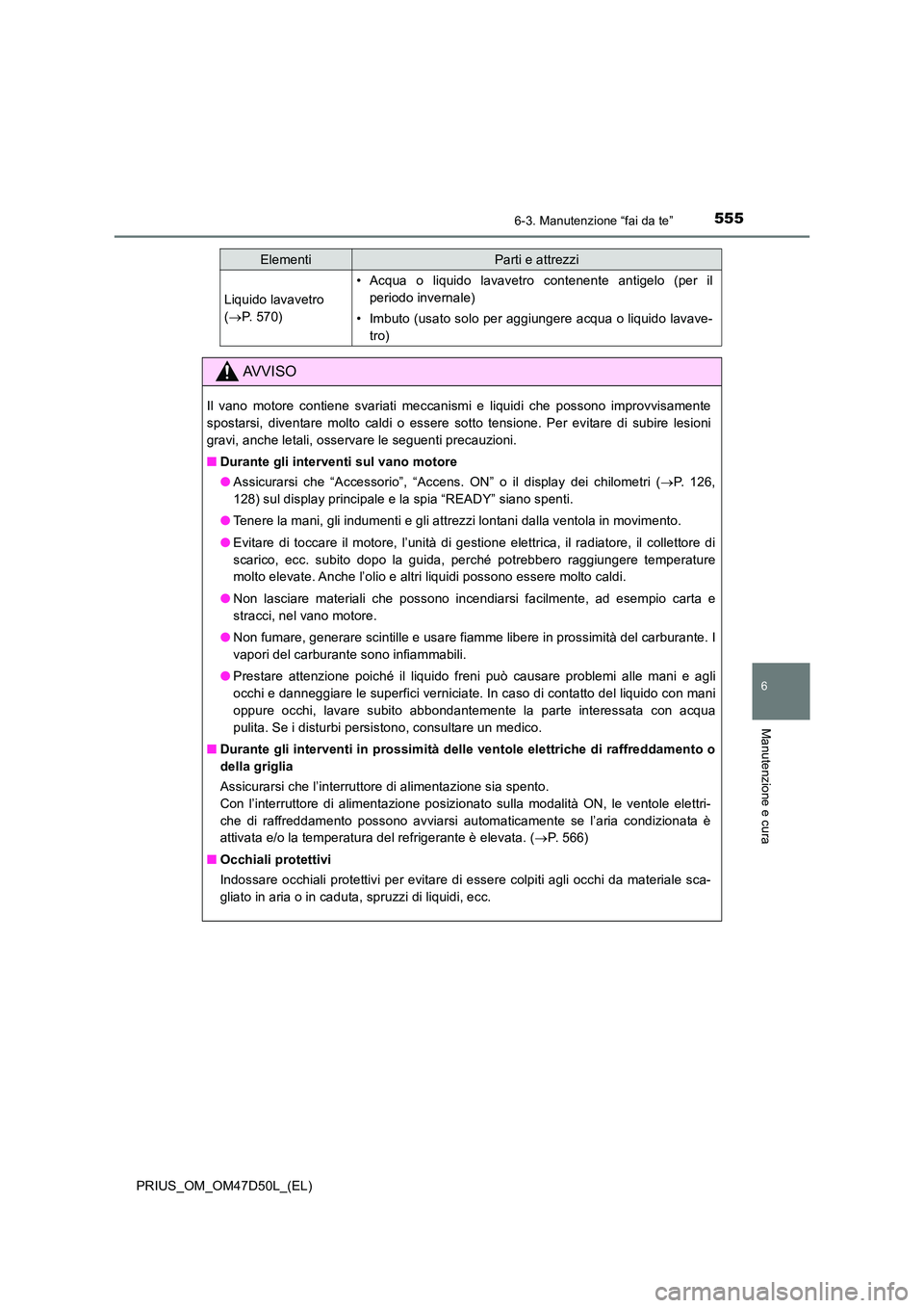 TOYOTA PRIUS 2019 Manuale duso (in Italian) 5556-3. Manutenzione “fai da te”
PRIUS_OM_OM47D50L_(EL)
6
Manutenzione e cura
Liquido lavavetro
( P. 570)
• Acqua o liquido lavavetro contenente antigelo (per il
periodo invernale)
• Imb TOYOTA PRIUS 2019 Manuale duso (in Italian) 5556-3. Manutenzione “fai da te”
PRIUS_OM_OM47D50L_(EL)
6
Manutenzione e cura
Liquido lavavetro
( P. 570)
• Acqua o liquido lavavetro contenente antigelo (per il
periodo invernale)
• Imb