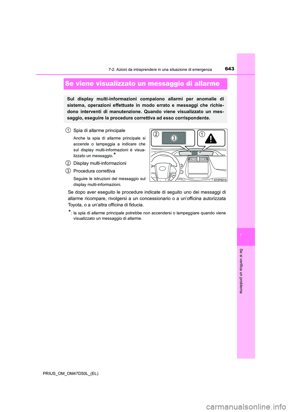 TOYOTA PRIUS 2019  Manuale duso (in Italian) 6437-2. Azioni da intraprendere in una situazione di emergenza
PRIUS_OM_OM47D50L_(EL)
7
Se si verifica un problema
Se viene visualizzato un messaggio di allarme
Spia di allarme principale
Anche la spi