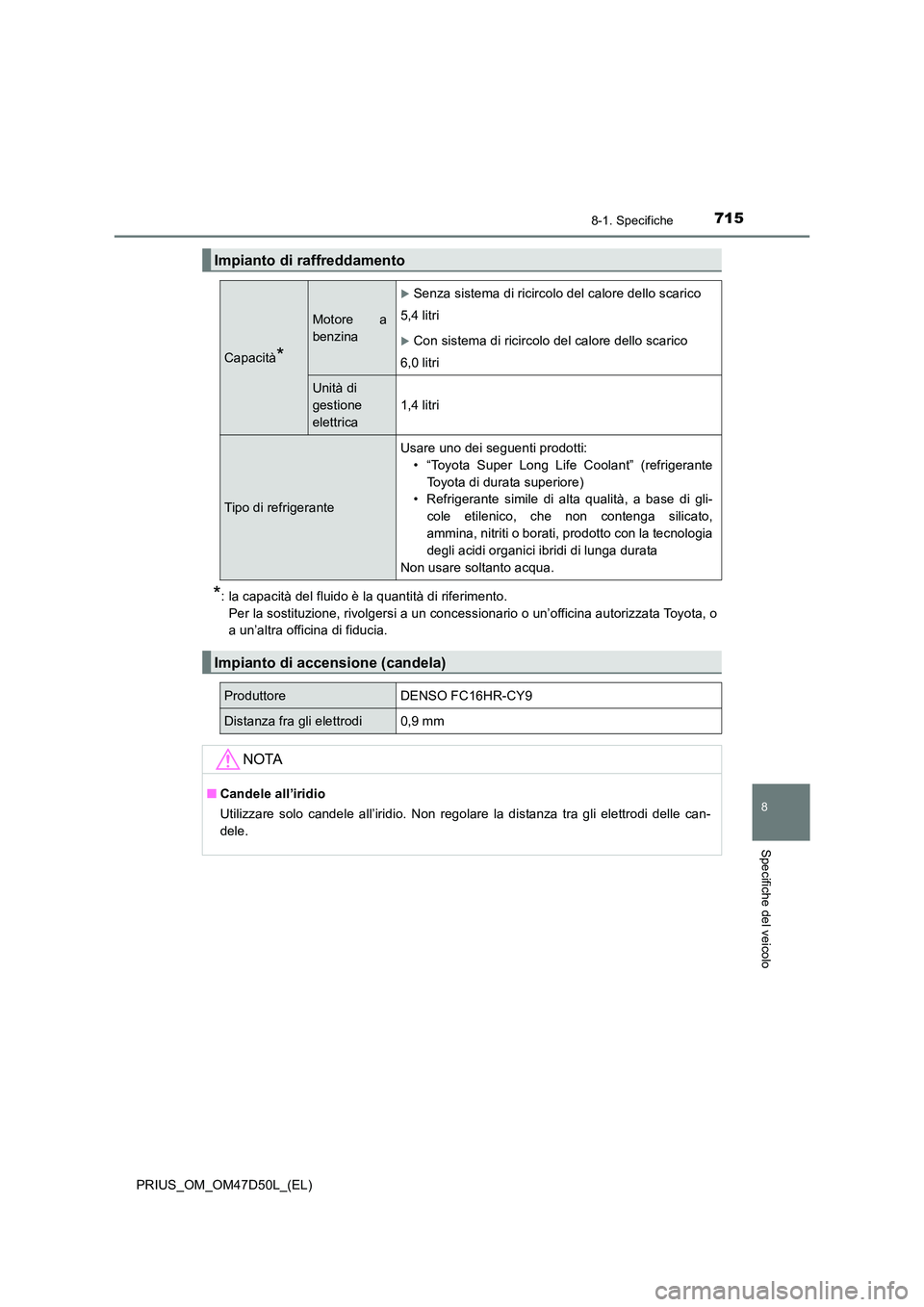 TOYOTA PRIUS 2019  Manuale duso (in Italian) 7158-1. Specifiche
PRIUS_OM_OM47D50L_(EL)
8
Specifiche del veicolo
*: la capacità del fluido è la quantità di riferimento. 
Per la sostituzione, rivolgersi a un concessionario o un’officina autor