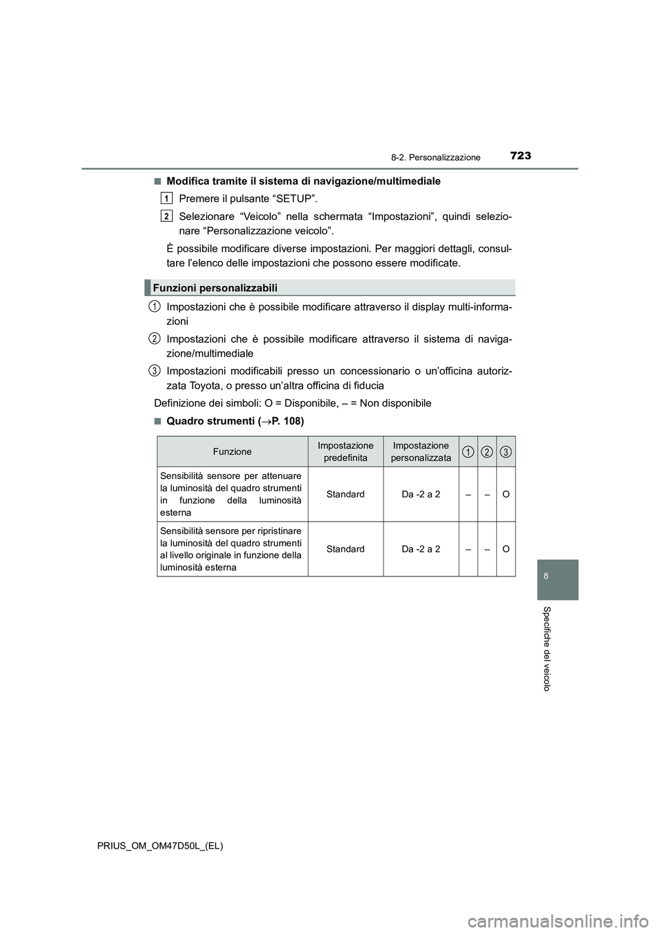 TOYOTA PRIUS 2019  Manuale duso (in Italian) 7238-2. Personalizzazione
PRIUS_OM_OM47D50L_(EL)
8
Specifiche del veicolo
■Modifica tramite il sistema di navigazione/multimediale
Premere il pulsante “SETUP”.
Selezionare “Veicolo” nella sc