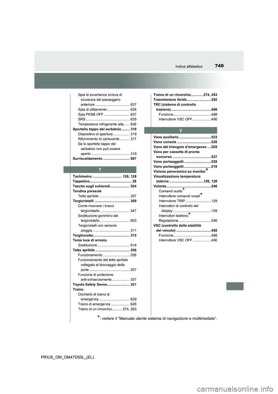 TOYOTA PRIUS 2019  Manuale duso (in Italian) 749Indice alfabetico
PRIUS_OM_OM47D50L_(EL)
Spia di avvertenza cintura di 
sicurezza del passeggero 
anteriore ................................... 637
Spia di slittamento ....................... 636
S