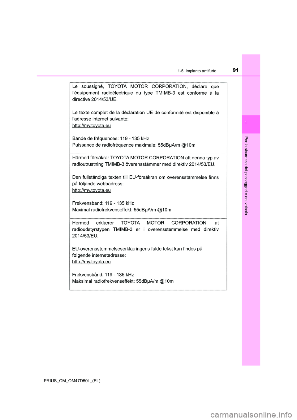 TOYOTA PRIUS 2019  Manuale duso (in Italian) 911-5. Impianto antifurto
1
PRIUS_OM_OM47D50L_(EL)
Per la sicurezza dei passeggeri e del veicolo 