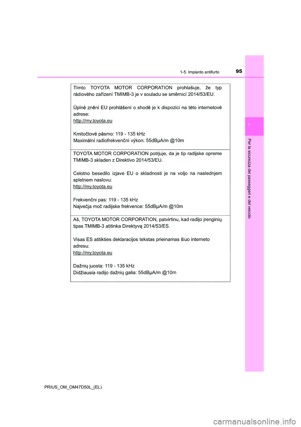 TOYOTA PRIUS 2019  Manuale duso (in Italian) 951-5. Impianto antifurto
1
PRIUS_OM_OM47D50L_(EL)
Per la sicurezza dei passeggeri e del veicolo 