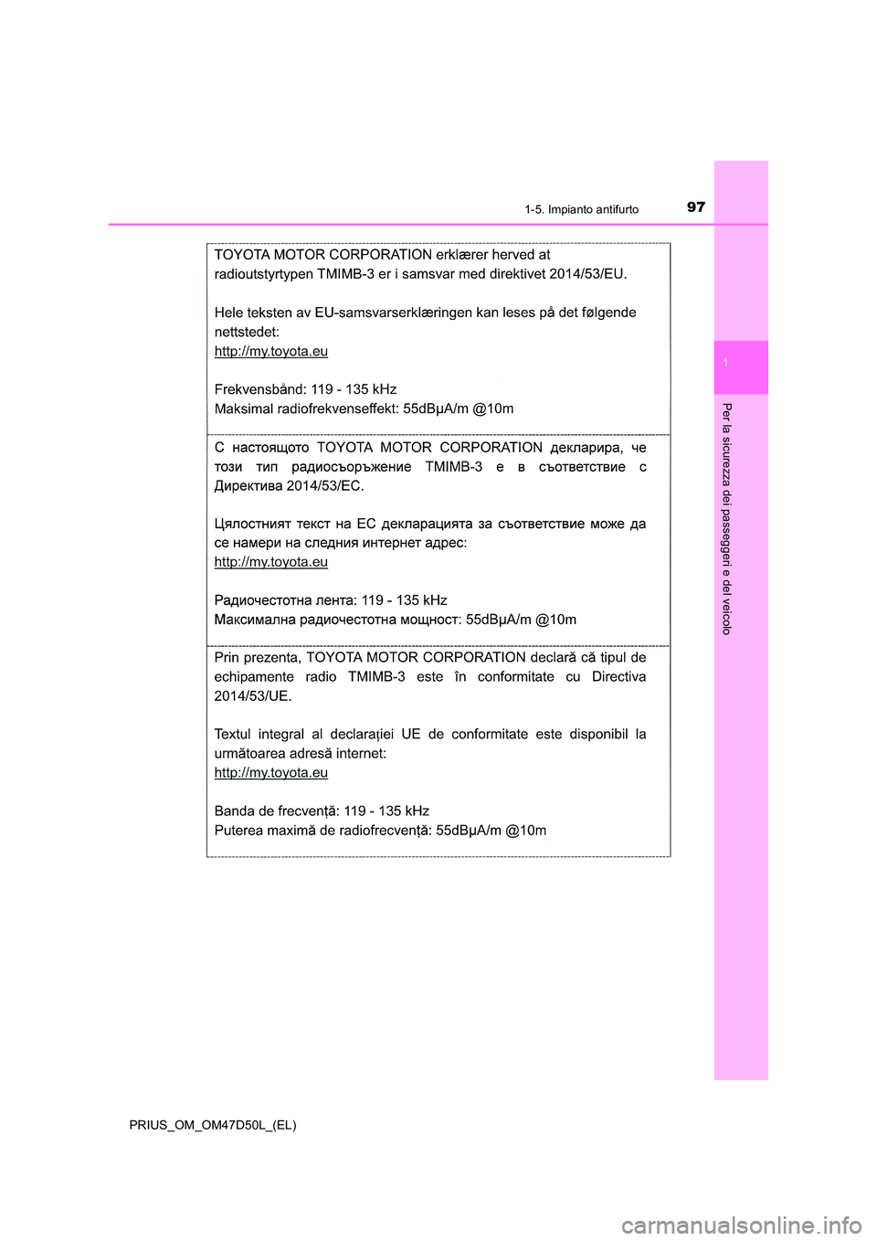 TOYOTA PRIUS 2019  Manuale duso (in Italian) 971-5. Impianto antifurto
1
PRIUS_OM_OM47D50L_(EL)
Per la sicurezza dei passeggeri e del veicolo 