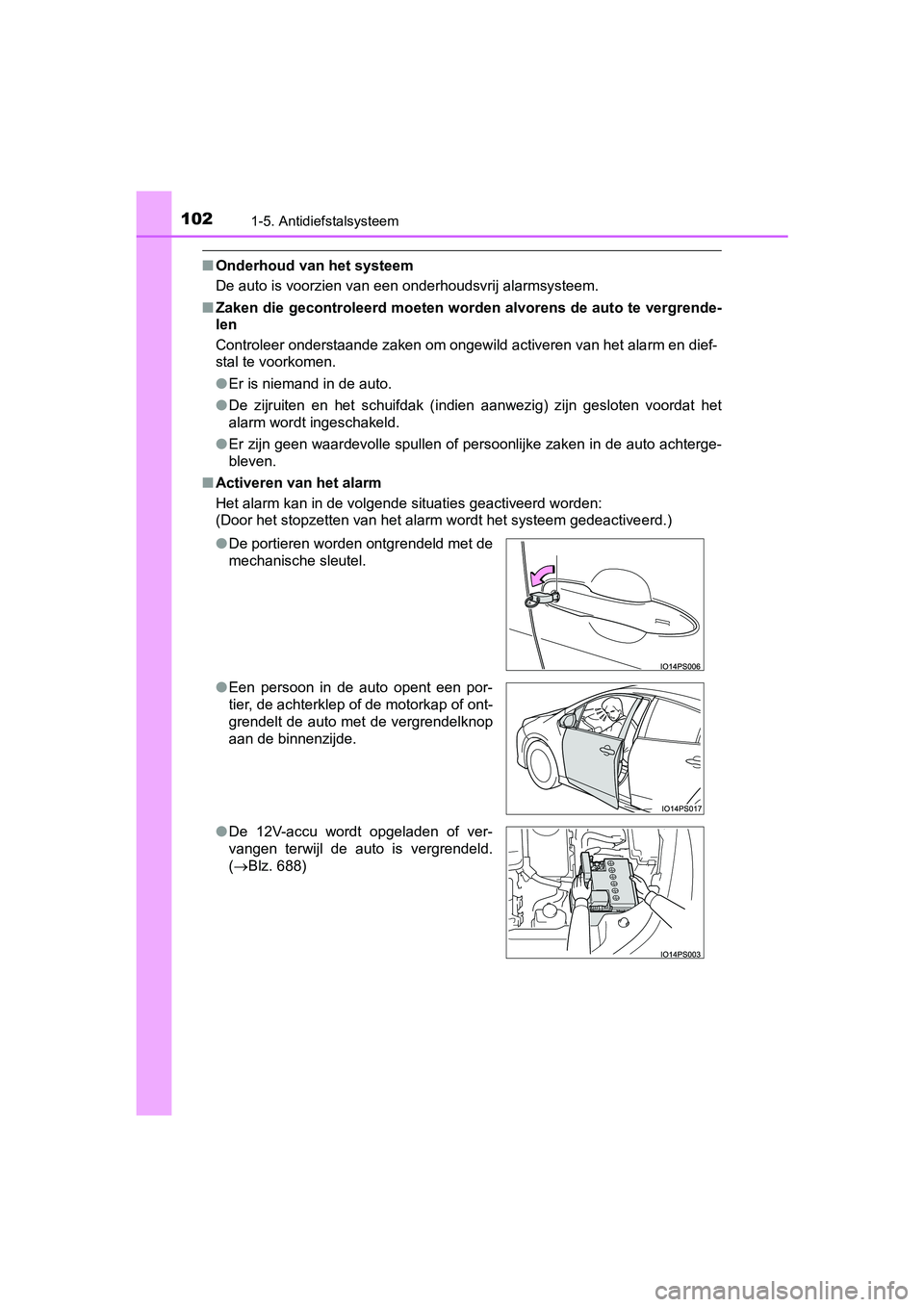 TOYOTA PRIUS 2019  Instructieboekje (in Dutch) 1021-5. Antidiefstalsysteem
PRIUS_OM_OM47C37E_(EE)
■Onderhoud van het systeem
De auto is voorzien van een onderhoudsvrij alarmsysteem.
■ Zaken die gecontroleerd moeten w orden alvorens de auto te 