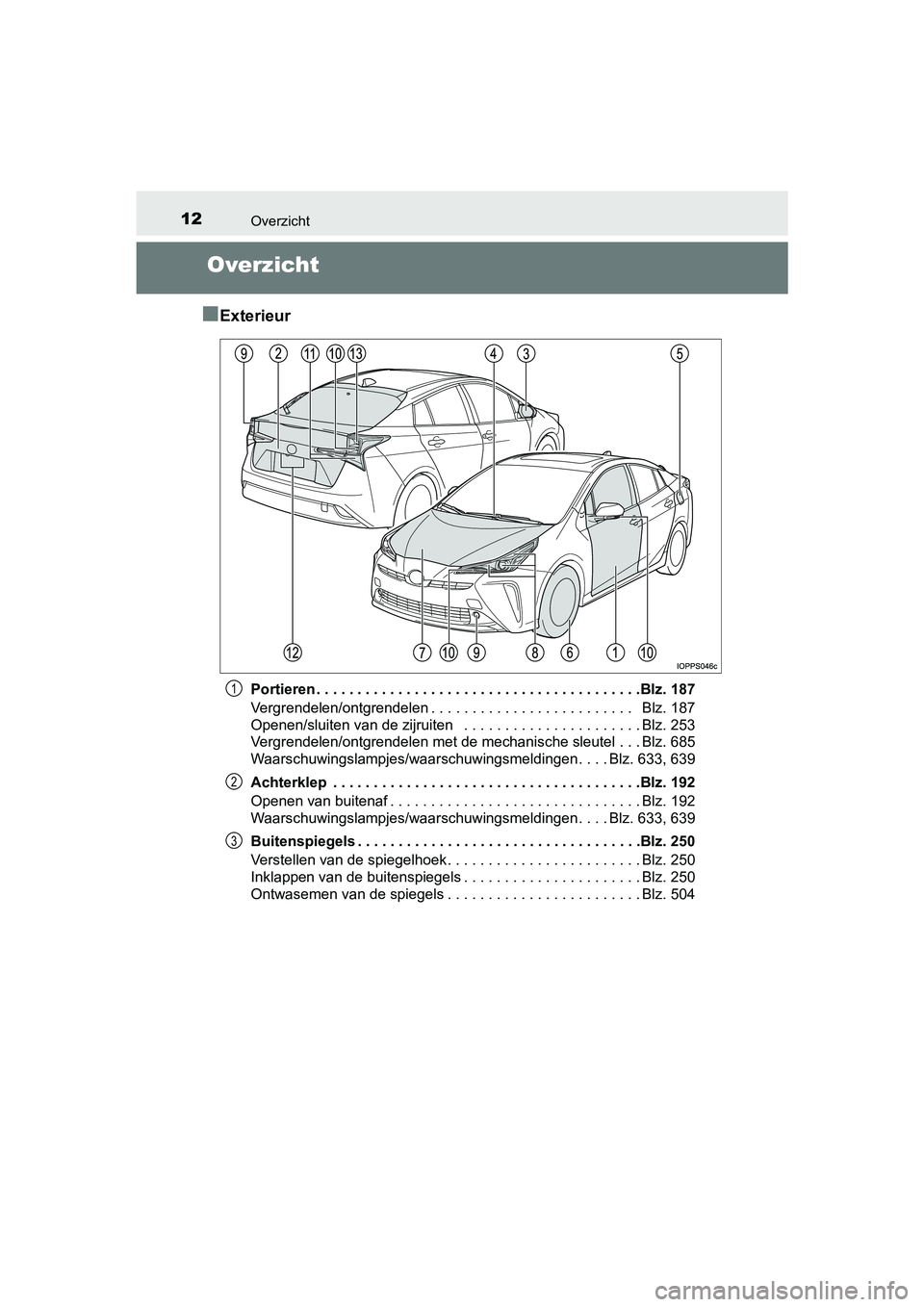 TOYOTA PRIUS 2019 Instructieboekje (in Dutch) 12Overzicht
PRIUS_OM_OM47C37E_(EE)
Overzicht
■
Exterieur
Portieren . . . . . . . . . . . . . . . . . . . . . . . . . . . . . . . . . . . . . . . .Blz. 187
Vergrendelen/ontgrendelen . . . . . . . . . TOYOTA PRIUS 2019 Instructieboekje (in Dutch) 12Overzicht
PRIUS_OM_OM47C37E_(EE)
Overzicht
■
Exterieur
Portieren . . . . . . . . . . . . . . . . . . . . . . . . . . . . . . . . . . . . . . . .Blz. 187
Vergrendelen/ontgrendelen . . . . . . . . .
