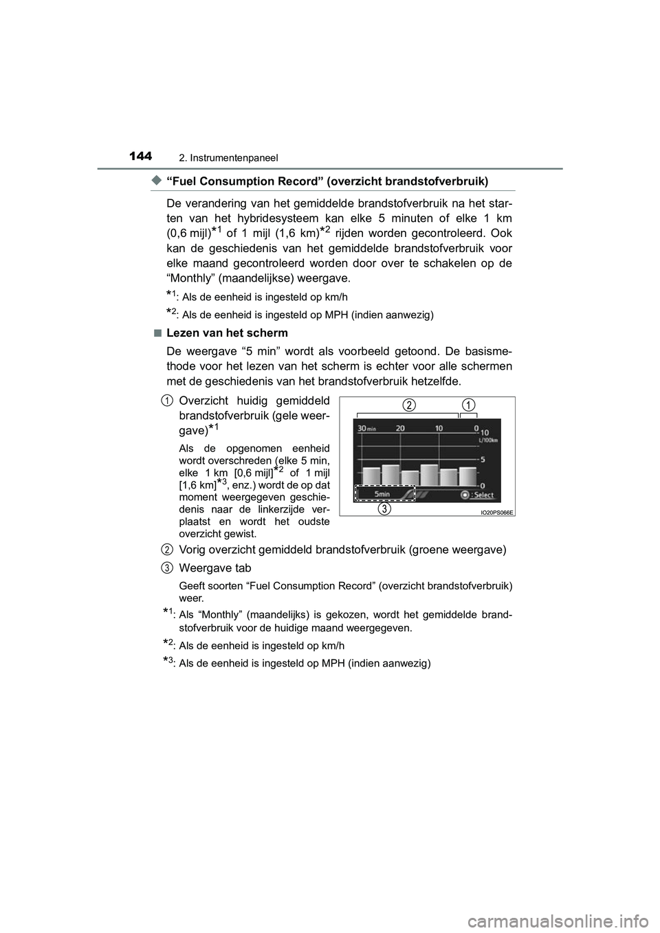 TOYOTA PRIUS 2019  Instructieboekje (in Dutch) 1442. Instrumentenpaneel
PRIUS_OM_OM47C37E_(EE)
◆“Fuel Consumption Record” (overzicht brandstofverbruik)
De  verandering  van  het  gemiddelde  brandstofverbruik  na  het  star -
ten  van  het  