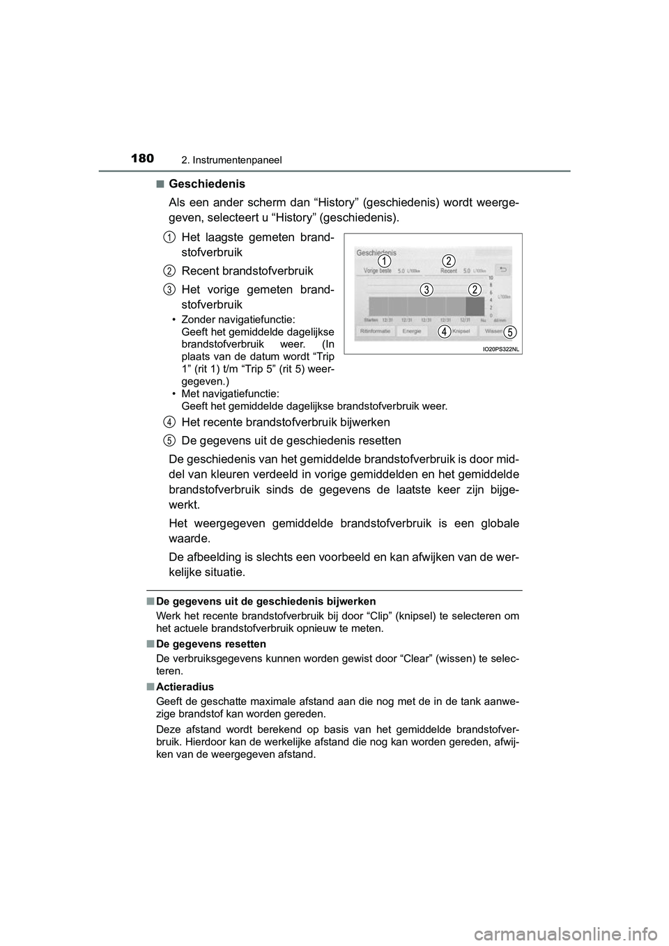 TOYOTA PRIUS 2019  Instructieboekje (in Dutch) 1802. Instrumentenpaneel
PRIUS_OM_OM47C37E_(EE)■
Geschiedenis
Als  een  ander  scherm  dan  “History”  (geschiedenis)  wordt  weerge-
geven, selecteert u “History” (geschiedenis).
Het  laags