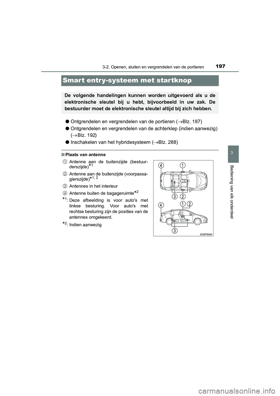 TOYOTA PRIUS 2019  Instructieboekje (in Dutch) 197
3
3-2. Openen, sluiten en vergrendelen van de portieren
Bediening van elk onderdeel
PRIUS_OM_OM47C37E_(EE)
Smart entr y-systeem met startknop
●Ontgrendelen en vergrend elen van de portieren (