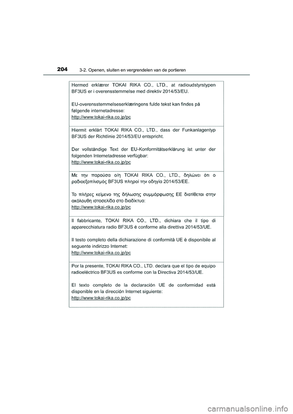 TOYOTA PRIUS 2019 Instructieboekje (in Dutch) 2043-2. Openen, sluiten en vergrendelen van de portieren
PRIUS_OM_OM47C37E_(EE)
PRIUS_OM_OM47C37E_(EE).book Page 204 Tuesday, November 20, 2018 2:06 PM TOYOTA PRIUS 2019 Instructieboekje (in Dutch) 2043-2. Openen, sluiten en vergrendelen van de portieren
PRIUS_OM_OM47C37E_(EE)
PRIUS_OM_OM47C37E_(EE).book Page 204 Tuesday, November 20, 2018 2:06 PM