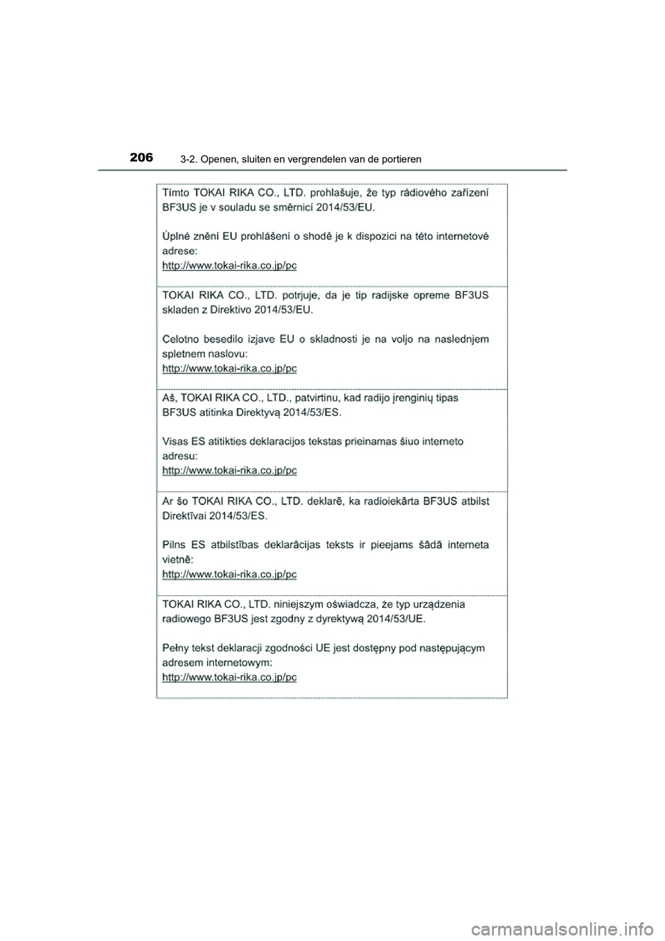 TOYOTA PRIUS 2019 Instructieboekje (in Dutch) 2063-2. Openen, sluiten en vergrendelen van de portieren
PRIUS_OM_OM47C37E_(EE)
PRIUS_OM_OM47C37E_(EE).book Page 206 Tuesday, November 20, 2018 2:06 PM TOYOTA PRIUS 2019 Instructieboekje (in Dutch) 2063-2. Openen, sluiten en vergrendelen van de portieren
PRIUS_OM_OM47C37E_(EE)
PRIUS_OM_OM47C37E_(EE).book Page 206 Tuesday, November 20, 2018 2:06 PM