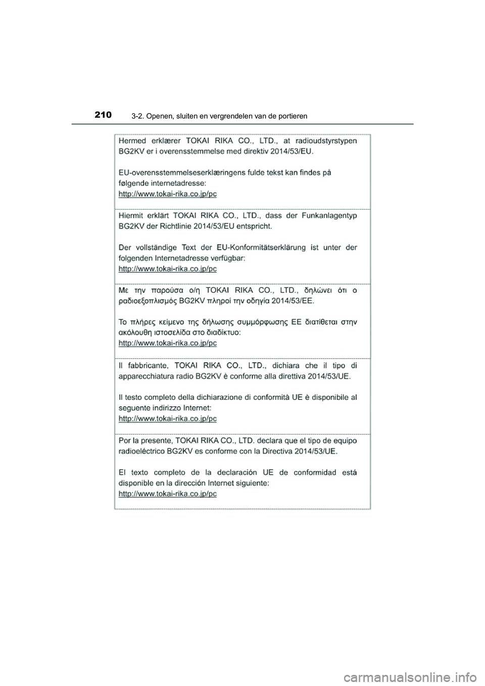TOYOTA PRIUS 2019  Instructieboekje (in Dutch) 2103-2. Openen, sluiten en vergrendelen van de portieren
PRIUS_OM_OM47C37E_(EE)
PRIUS_OM_OM47C37E_(EE).book  Page 210  Tuesday, November 20, 2018  2:06 PM 