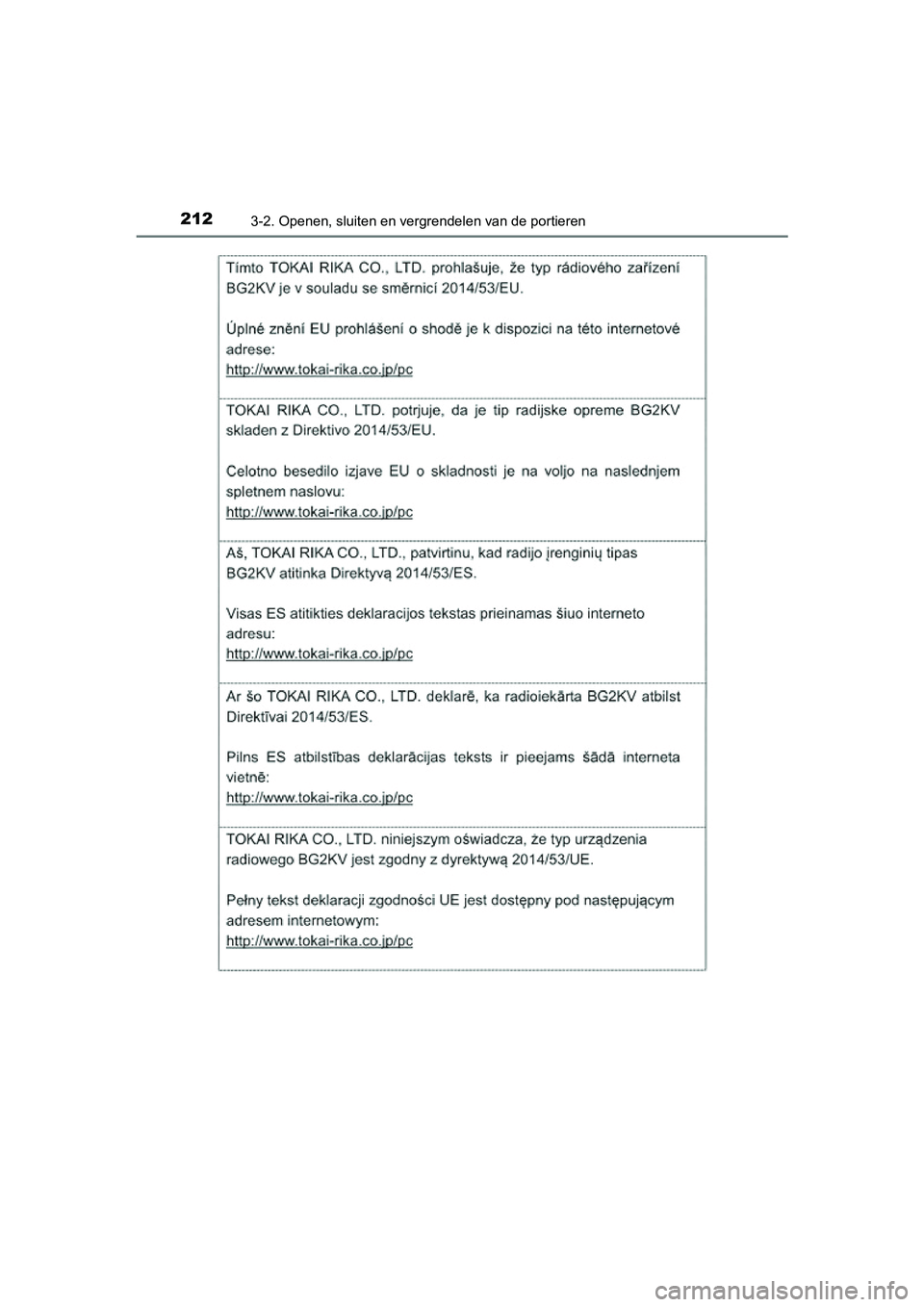 TOYOTA PRIUS 2019  Instructieboekje (in Dutch) 2123-2. Openen, sluiten en vergrendelen van de portieren
PRIUS_OM_OM47C37E_(EE)
PRIUS_OM_OM47C37E_(EE).book  Page 212  Tuesday, November 20, 2018  2:06 PM 