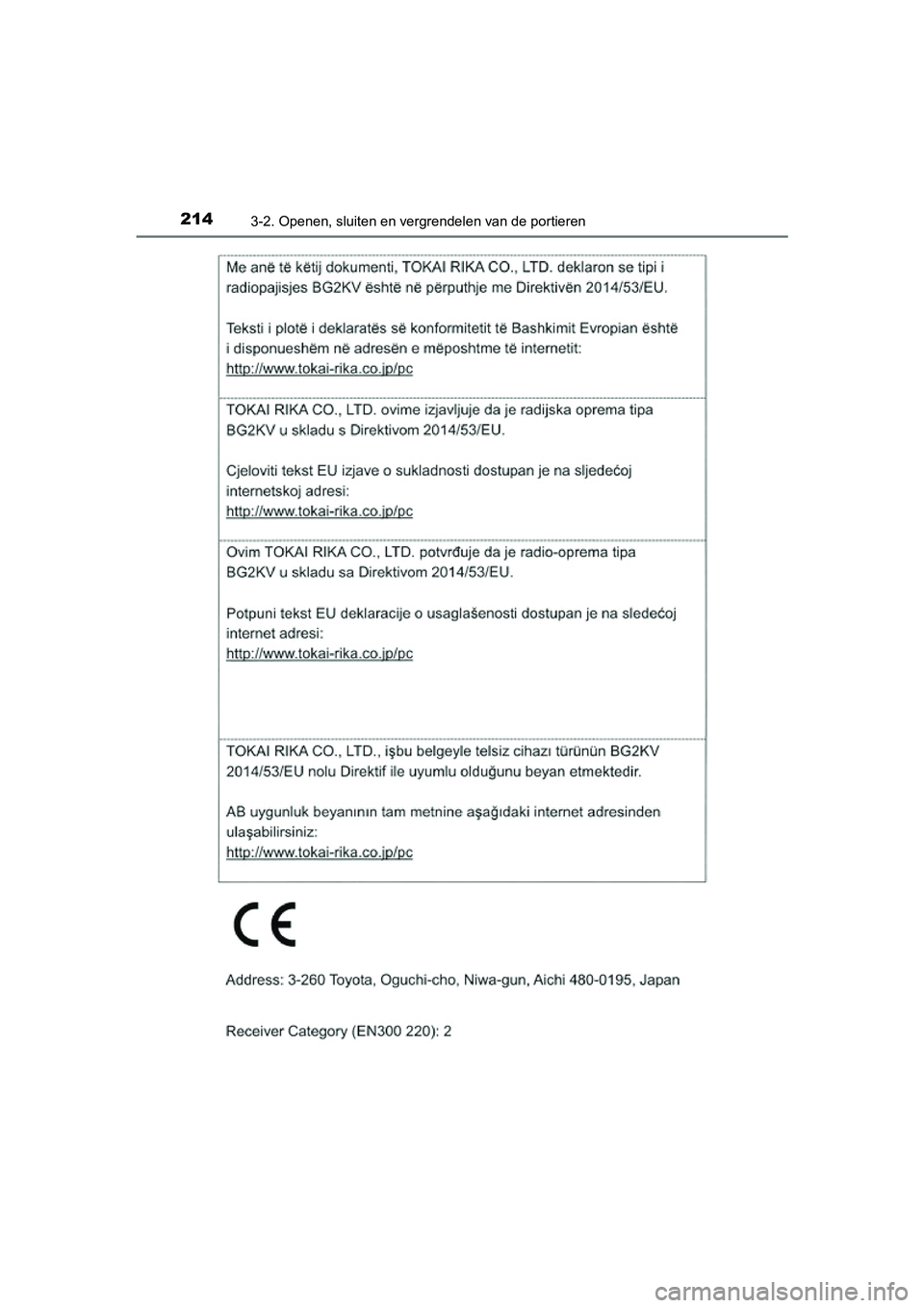 TOYOTA PRIUS 2019  Instructieboekje (in Dutch) 2143-2. Openen, sluiten en vergrendelen van de portieren
PRIUS_OM_OM47C37E_(EE)
PRIUS_OM_OM47C37E_(EE).book  Page 214  Tuesday, November 20, 2018  2:06 PM 