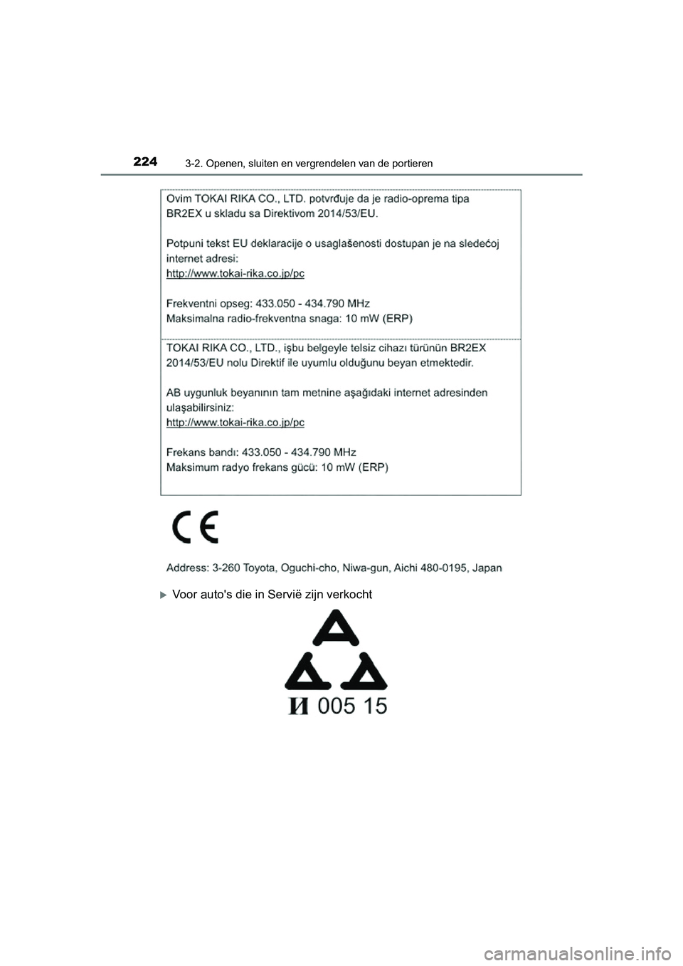 TOYOTA PRIUS 2019  Instructieboekje (in Dutch) 2243-2. Openen, sluiten en vergrendelen van de portieren
PRIUS_OM_OM47C37E_(EE)
Voor auto's die in Servië zijn verkocht
PRIUS_OM_OM47C37E_(EE).book  Page 224  Tuesday, November 20, 2018  2:06 