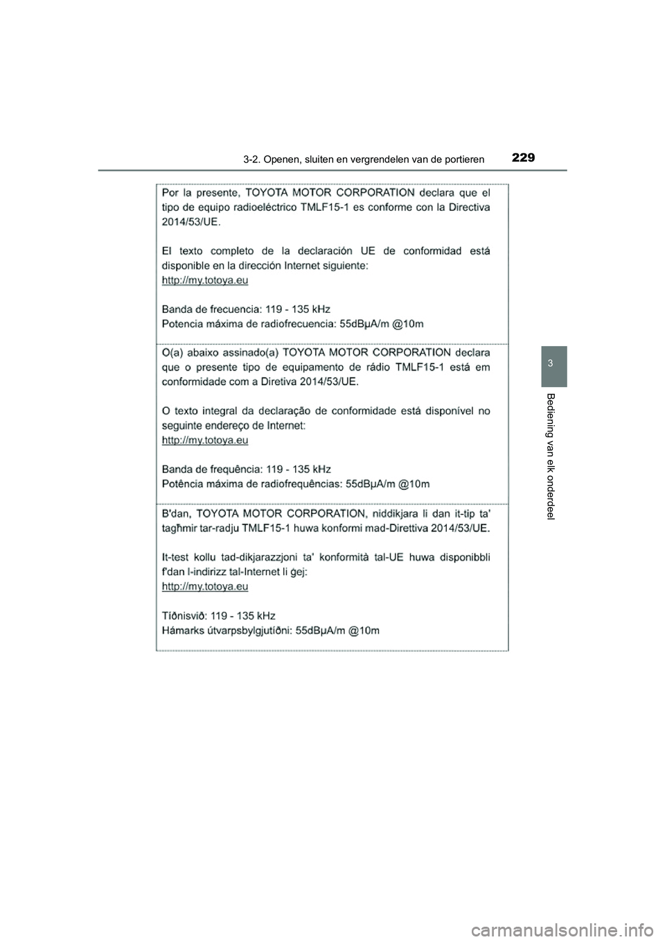 TOYOTA PRIUS 2019  Instructieboekje (in Dutch) 2293-2. Openen, sluiten en vergrendelen van de portieren
3
Bediening van elk onderdeel
PRIUS_OM_OM47C37E_(EE)
PRIUS_OM_OM47C37E_(EE).book  Pag e 229  Tuesday, November 20, 2018  2:06 PM 