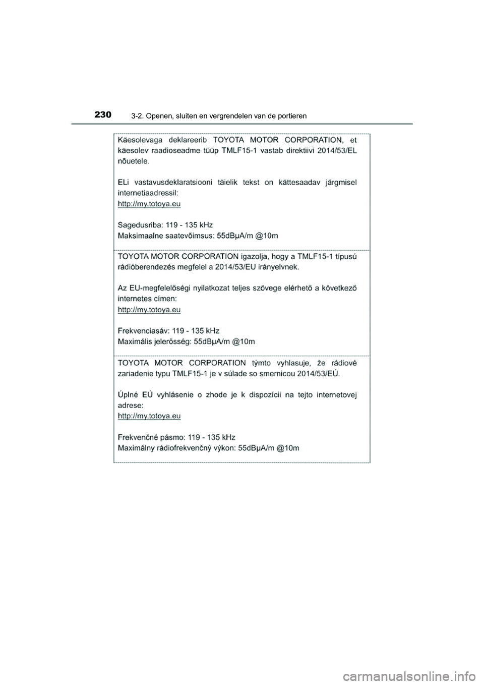 TOYOTA PRIUS 2019  Instructieboekje (in Dutch) 2303-2. Openen, sluiten en vergrendelen van de portieren
PRIUS_OM_OM47C37E_(EE)
PRIUS_OM_OM47C37E_(EE).book  Page 230  Tuesday, November 20, 2018  2:06 PM 