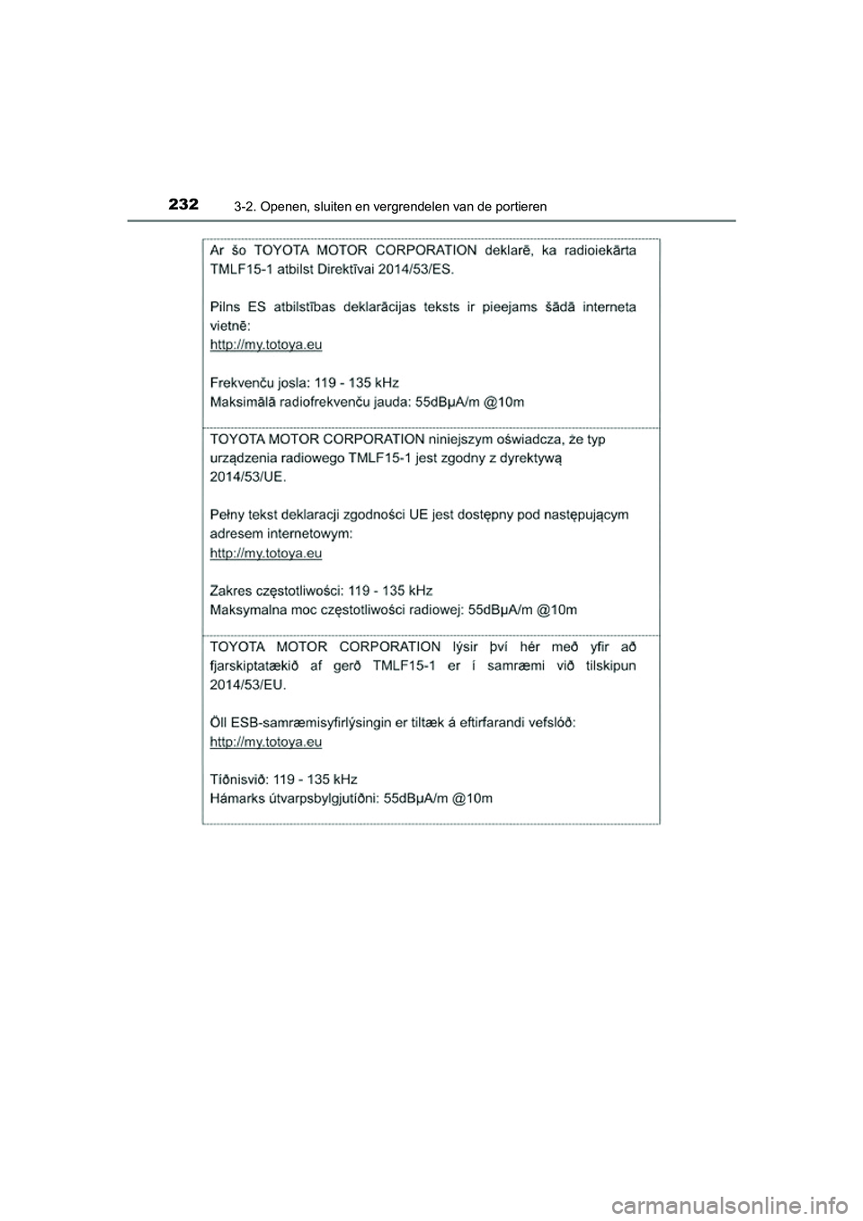 TOYOTA PRIUS 2019  Instructieboekje (in Dutch) 2323-2. Openen, sluiten en vergrendelen van de portieren
PRIUS_OM_OM47C37E_(EE)
PRIUS_OM_OM47C37E_(EE).book  Page 232  Tuesday, November 20, 2018  2:06 PM 