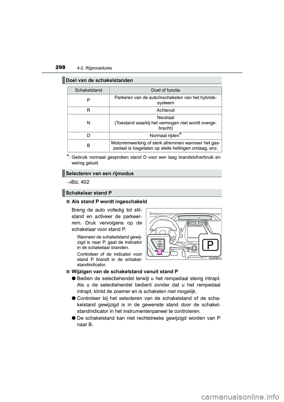 TOYOTA PRIUS 2019 Instructieboekje (in Dutch) 2984-2. Rijprocedures
PRIUS_OM_OM47C37E_(EE)
*: Gebruik normaal gesproken stand D voor een laag brandstofverbruik en
weinig geluid.
Blz. 402
■Als stand P wordt ingeschakeld
Breng de a TOYOTA PRIUS 2019 Instructieboekje (in Dutch) 2984-2. Rijprocedures
PRIUS_OM_OM47C37E_(EE)
*: Gebruik normaal gesproken stand D voor een laag brandstofverbruik en
weinig geluid.
Blz. 402
■Als stand P wordt ingeschakeld
Breng de a