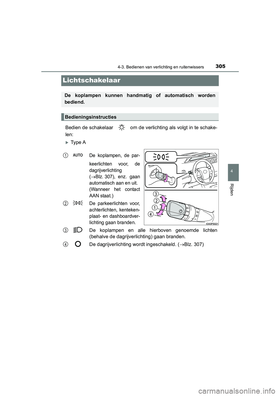 TOYOTA PRIUS 2019 Instructieboekje (in Dutch) 305
4
4-3. Bedienen van verlichting en ruitenwissers
Rijden
PRIUS_OM_OM47C37E_(EE)
Lichtschakelaar
Bedien de schakelaar om de verlichting als volgt in te schake-
len:
Ty p e A
De koplampen, de TOYOTA PRIUS 2019 Instructieboekje (in Dutch) 305
4
4-3. Bedienen van verlichting en ruitenwissers
Rijden
PRIUS_OM_OM47C37E_(EE)
Lichtschakelaar
Bedien de schakelaar om de verlichting als volgt in te schake-
len:
Ty p e A
De koplampen, de