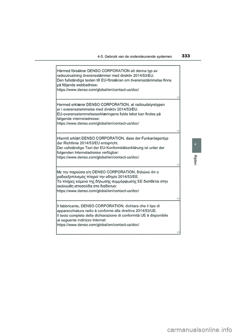 TOYOTA PRIUS 2019  Instructieboekje (in Dutch) 3334-5. Gebruik van de ondersteunende systemen
4
Rijden
PRIUS_OM_OM47C37E_(EE)
PRIUS_OM_OM47C37E_(EE).book  Page 333  Tuesday, November 20, 2018  2:06 PM 