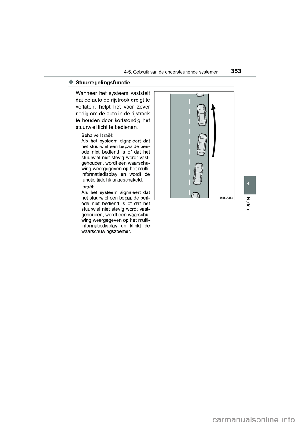 TOYOTA PRIUS 2019 Instructieboekje (in Dutch) 3534-5. Gebruik van de ondersteunende systemen
4
Rijden
PRIUS_OM_OM47C37E_(EE)
◆Stuurregelingsfunctie
Wanneer het systeem vaststelt
dat de auto de rijstrook dreigt te
verlaten, helpt het voor TOYOTA PRIUS 2019 Instructieboekje (in Dutch) 3534-5. Gebruik van de ondersteunende systemen
4
Rijden
PRIUS_OM_OM47C37E_(EE)
◆Stuurregelingsfunctie
Wanneer het systeem vaststelt
dat de auto de rijstrook dreigt te
verlaten, helpt het voor