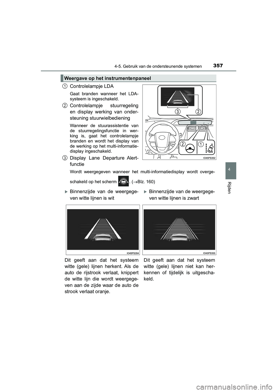 TOYOTA PRIUS 2019 Instructieboekje (in Dutch) 3574-5. Gebruik van de ondersteunende systemen
4
Rijden
PRIUS_OM_OM47C37E_(EE)
Controlelampje LDA
Gaat branden wanneer het LDA-
systeem is ingeschakeld.
Controlelampje stuurregeling
en display TOYOTA PRIUS 2019 Instructieboekje (in Dutch) 3574-5. Gebruik van de ondersteunende systemen
4
Rijden
PRIUS_OM_OM47C37E_(EE)
Controlelampje LDA
Gaat branden wanneer het LDA-
systeem is ingeschakeld.
Controlelampje stuurregeling
en display