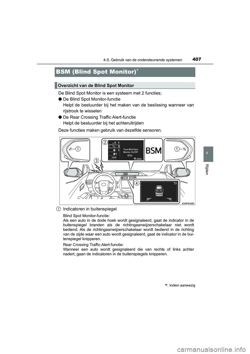 TOYOTA PRIUS 2019 Instructieboekje (in Dutch) 407
4
4-5. Gebruik van de ondersteunende systemen
Rijden
PRIUS_OM_OM47C37E_(EE)
BSM (Blind Spot Monitor)
De Blind Spot Monitor is een systeem met 2 functies;
● De Blind Spot Monitor-functie
Help TOYOTA PRIUS 2019 Instructieboekje (in Dutch) 407
4
4-5. Gebruik van de ondersteunende systemen
Rijden
PRIUS_OM_OM47C37E_(EE)
BSM (Blind Spot Monitor)
De Blind Spot Monitor is een systeem met 2 functies;
● De Blind Spot Monitor-functie
Help